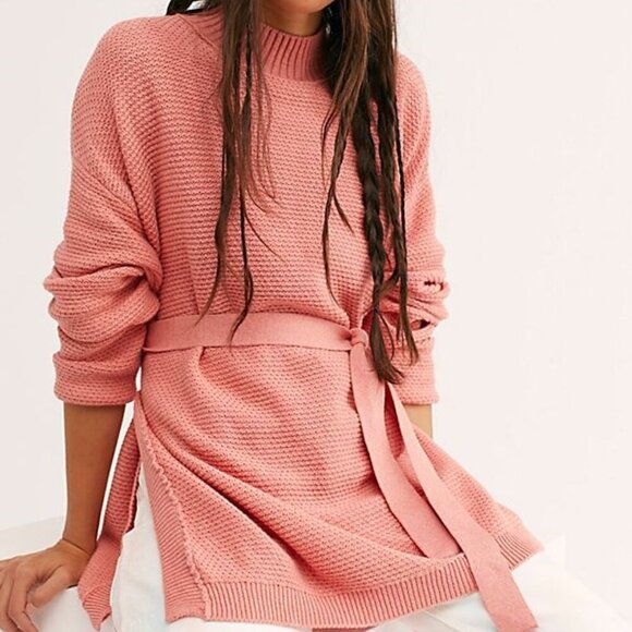 Free People Beach Byron Coral Belted Oversized Sweater - Picture 1 of 6